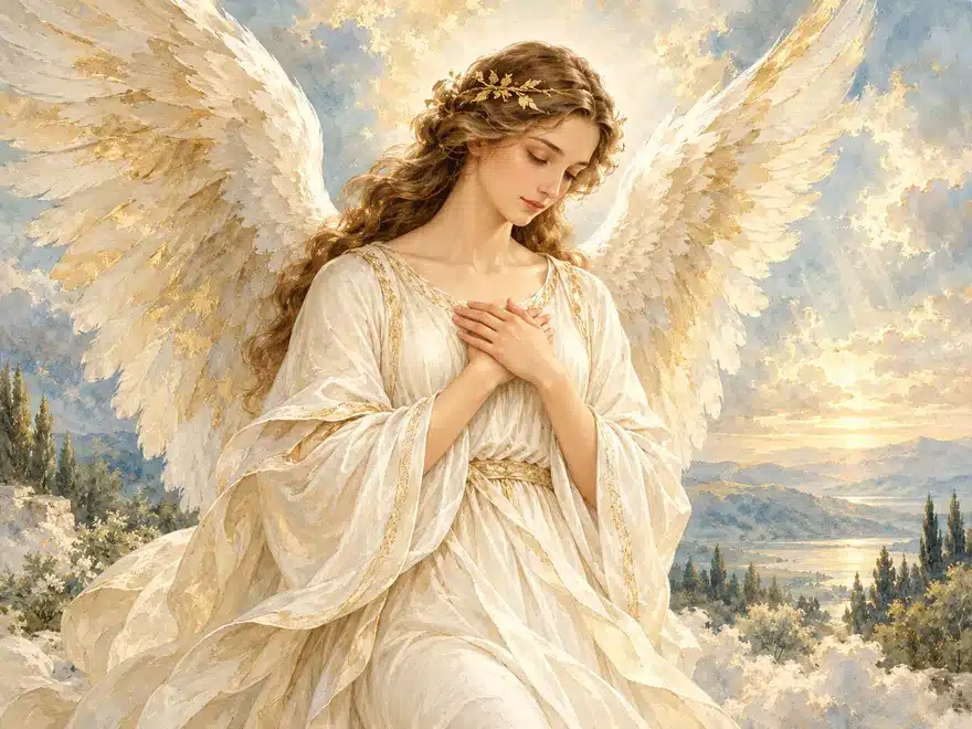 Watercolor painting of an angel with white and gold wings, hands crossed over her heart