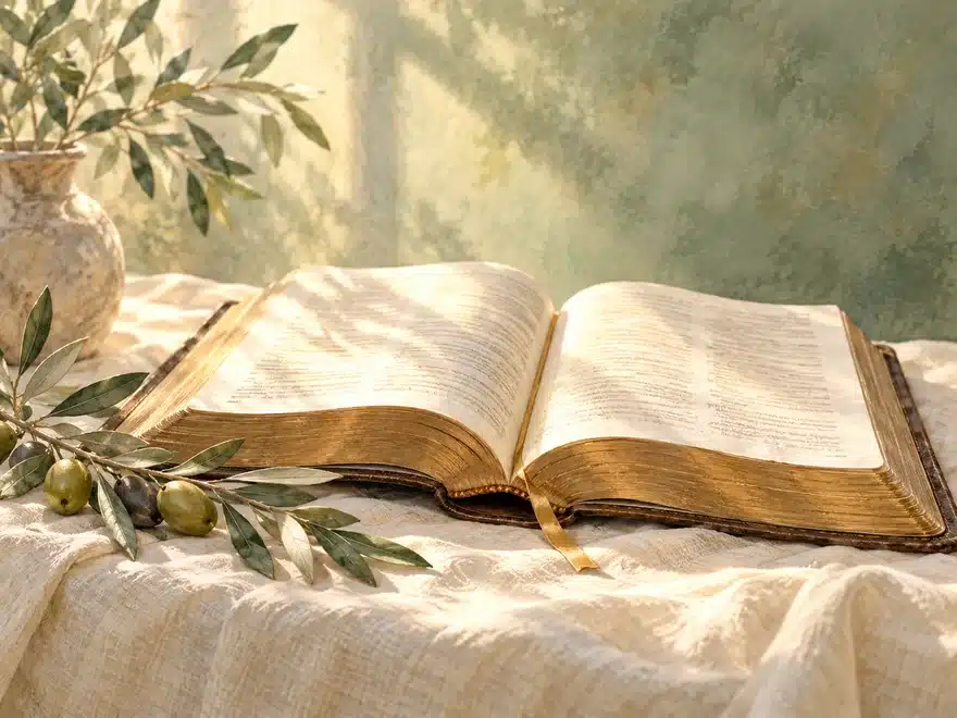 Open Bible with gold-edged pages on a linen cloth beside an olive branch