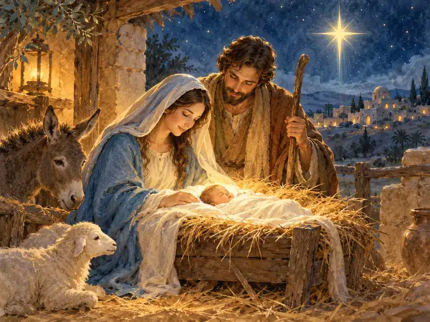Nativity scene with Mary and Joseph beside baby Jesus in the manger under the star of Bethlehem