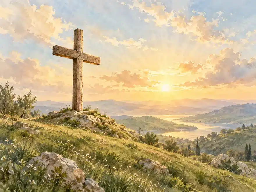 Wooden cross on a hillside at sunrise overlooking a lake