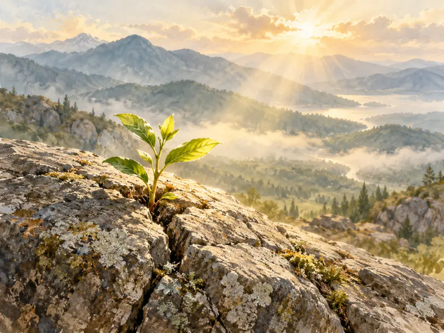 Green seedling growing from a crack in a rock above misty mountains at sunrise