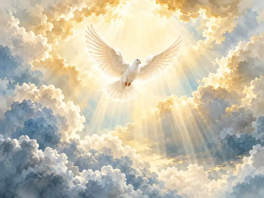 White dove flying through golden light between clouds
