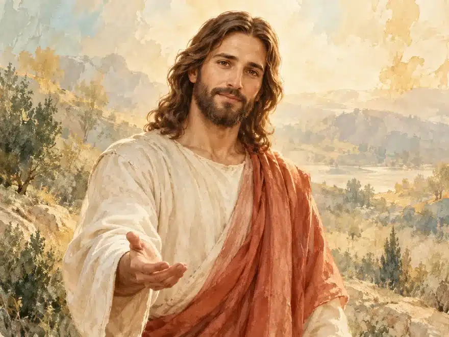 Watercolor painting of Jesus in a white robe and red sash reaching out his hand