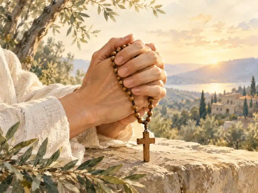 Hands clasped in prayer holding a wooden rosary with a cross