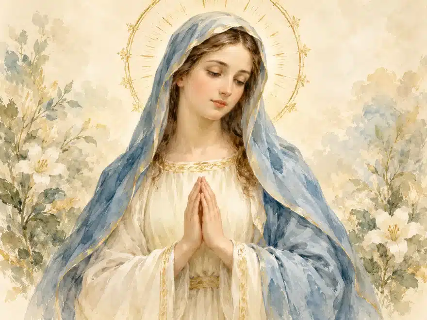 Watercolor painting of the Virgin Mary in a blue veil, praying with a gold halo
